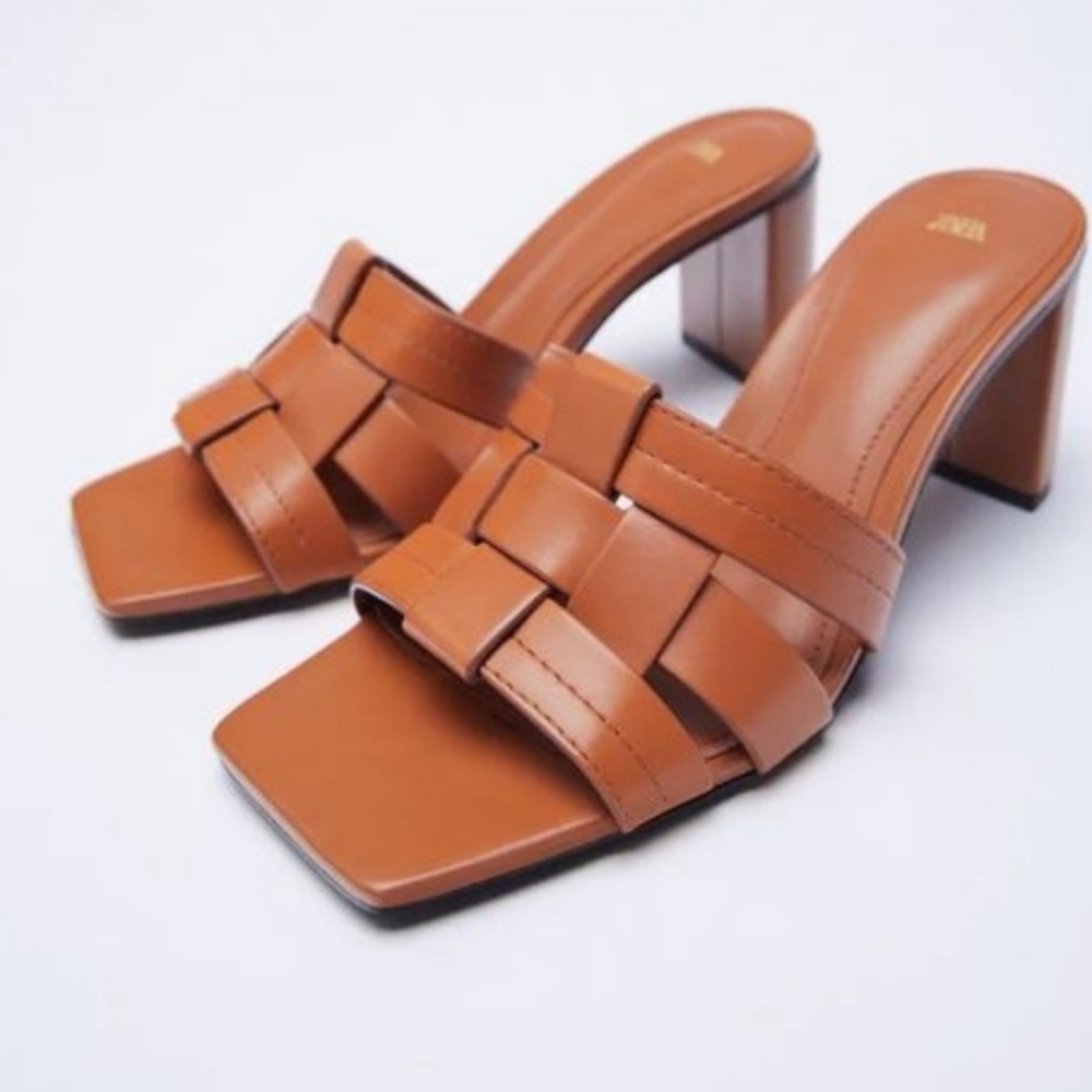 NEW ZARA BLOCK HEEL LEATHER SANDALS SZ 39